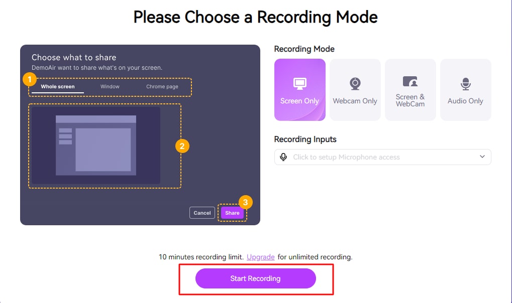 click start recording on the online free screen recorder