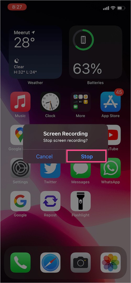 parar gravação de vídeo na tela do iPhone 13