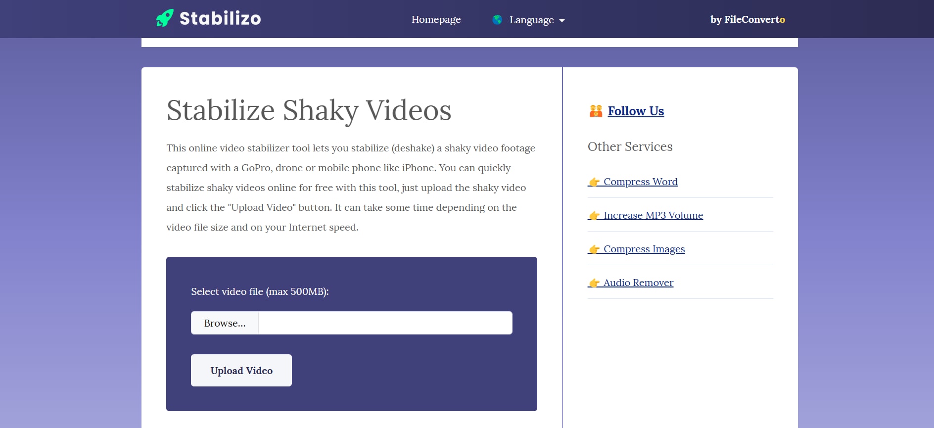 stabilizo’s online video stabilizer homepage