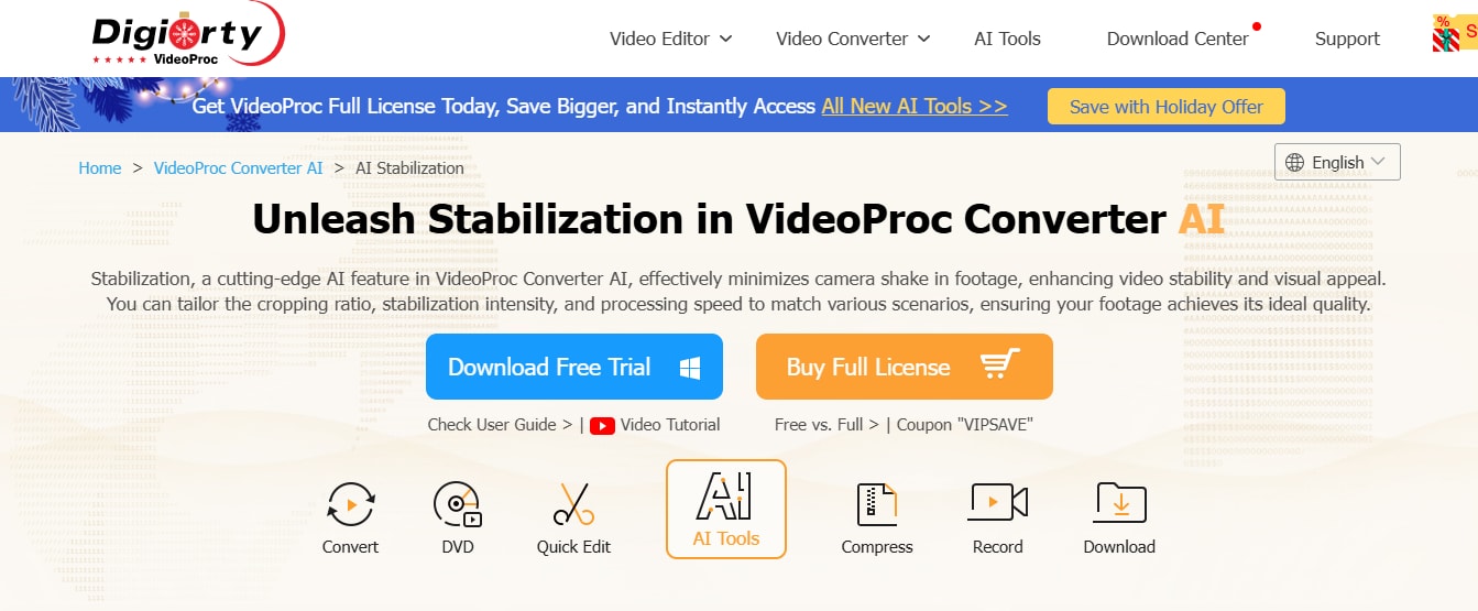 videoproc’s online video stabilizer homepage