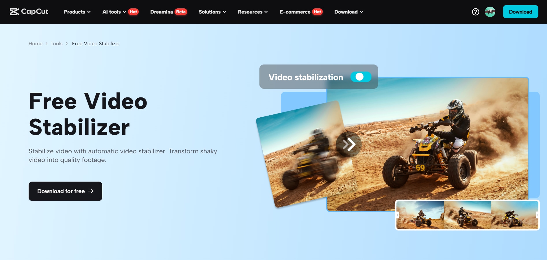 capcut’s online video stabilizer homepage