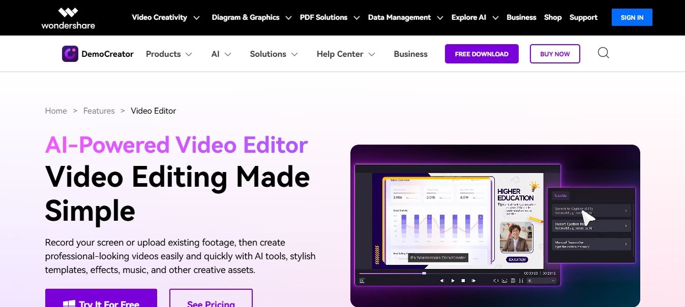 wondershare democreator’s video editing homepage