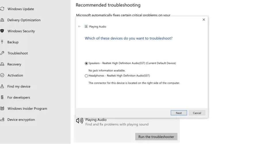 audio troubleshooter windows