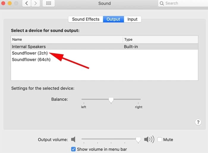 selecciona soundflower para la salida de sonido en un mac