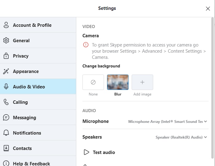 skype audio and video settings