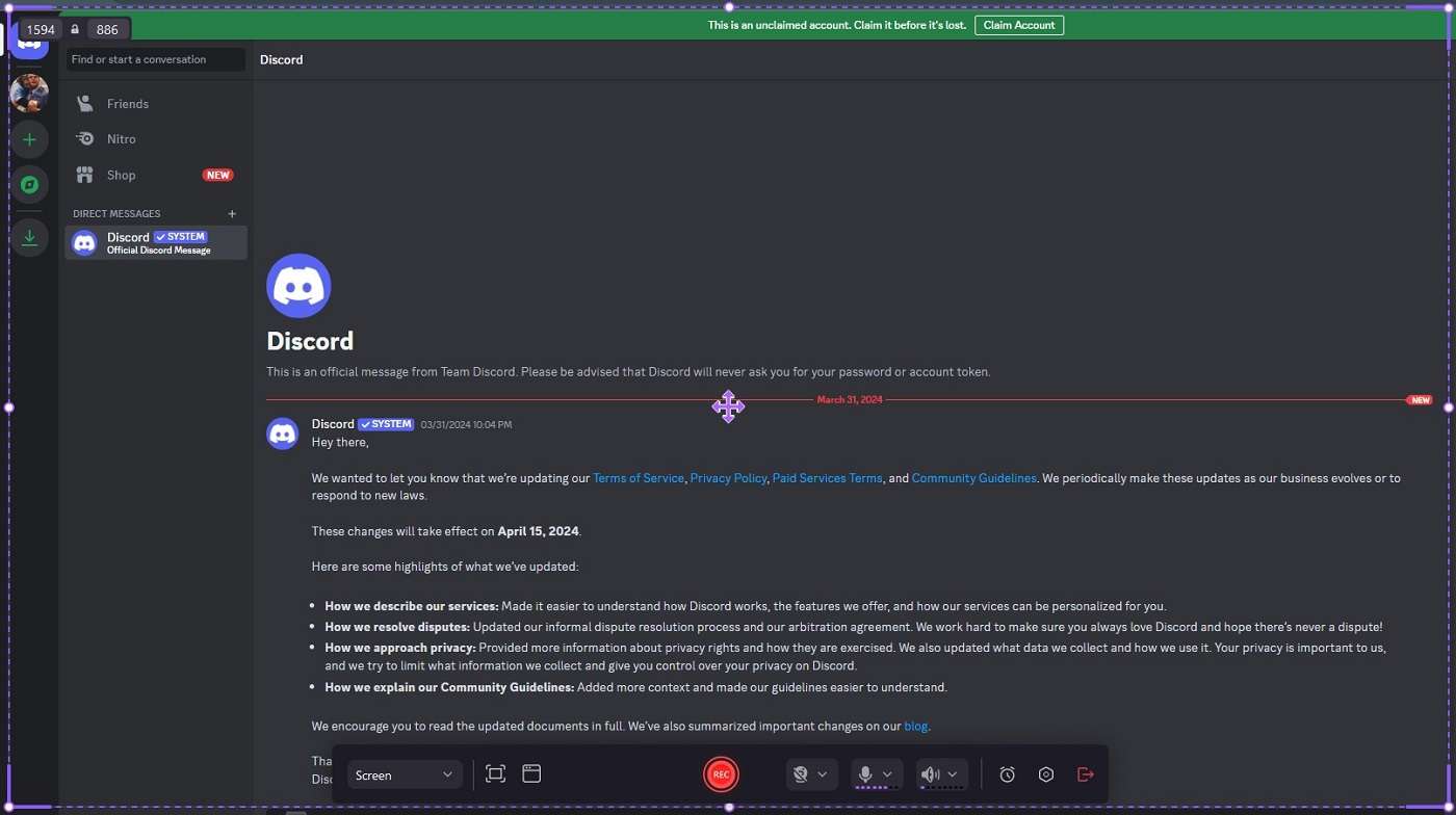 discord screen for recording