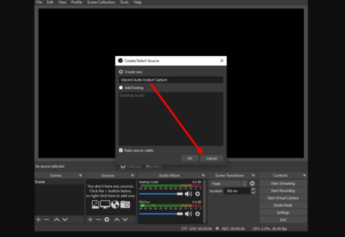 obs main window select audio capture