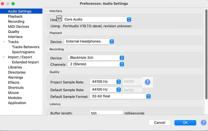 set up blackhole in audacity