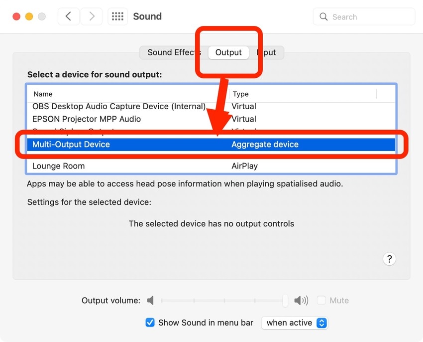 choose a multi-output device in sound settings