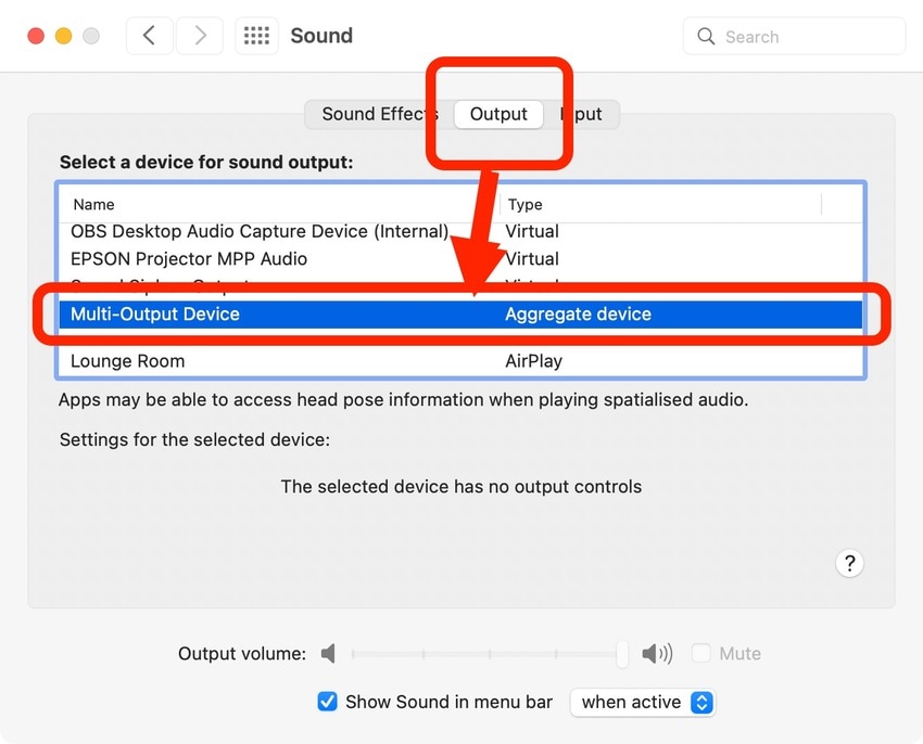 elegir un dispositivo de salida múltiple en los ajustes de sonido