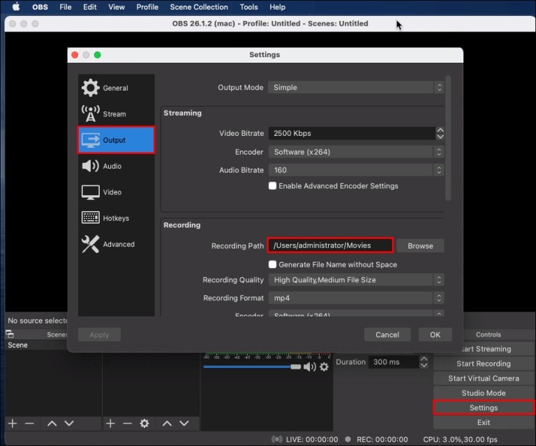 output settings in obs studio