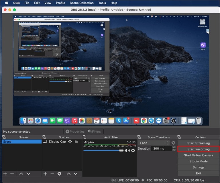 inicia la grabación de pantalla de mac con audio del sistema en obs studio