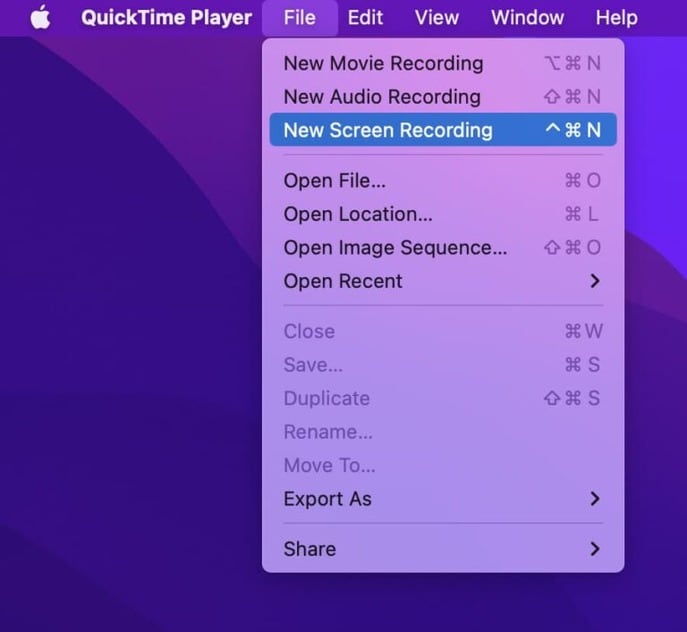 nueva grabación de pantalla en el reproductor quicktime