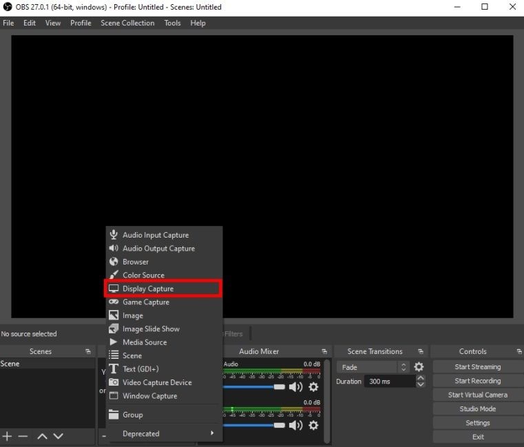 display capture option in obs