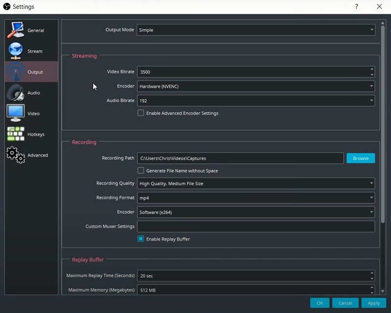 abrir la configuración de salida de la aplicación