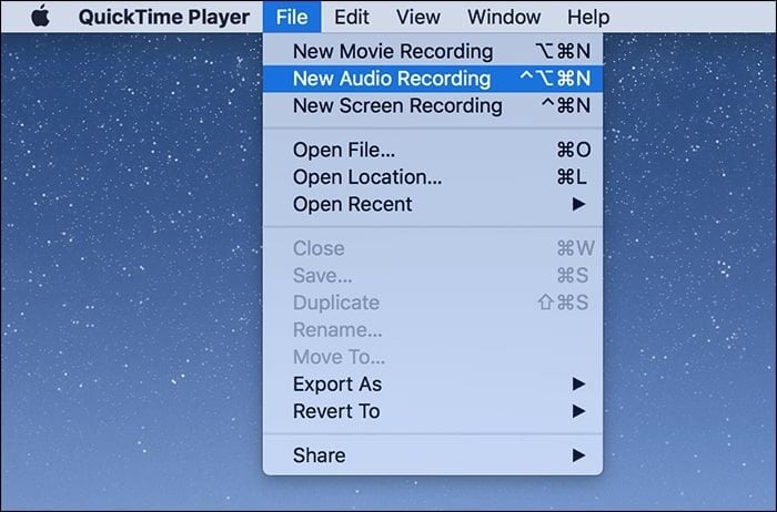 start a new audio recording in quicktime player