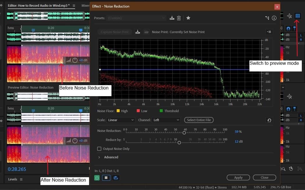 reduce wind noise in adobe audition