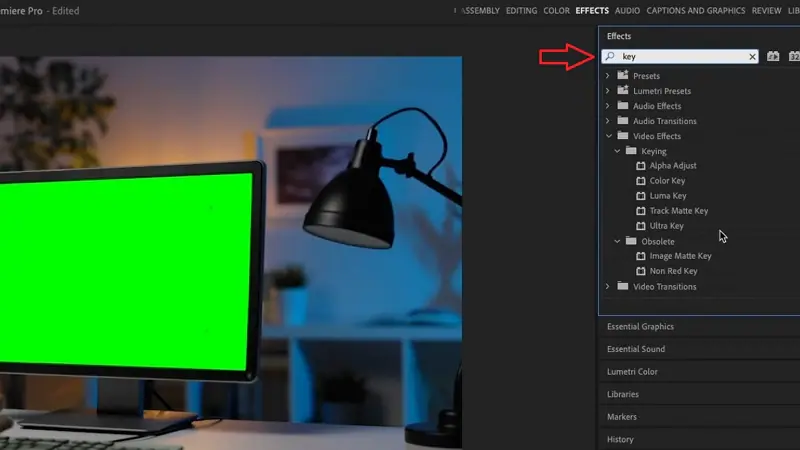 encontrar efecto Ultra Key en premiere pro