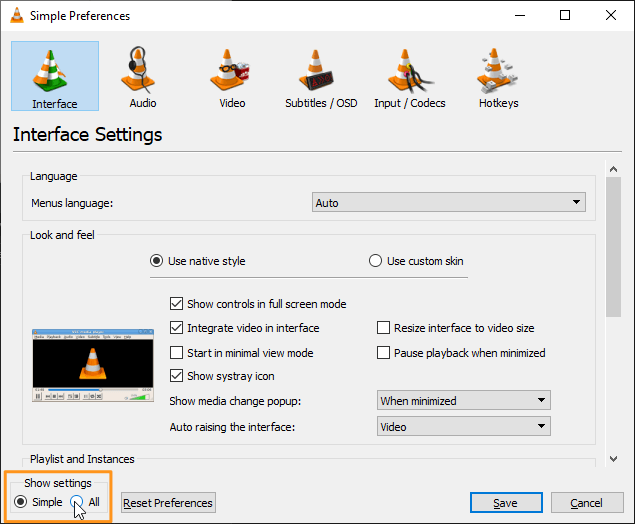 go to interface settings in vlc 