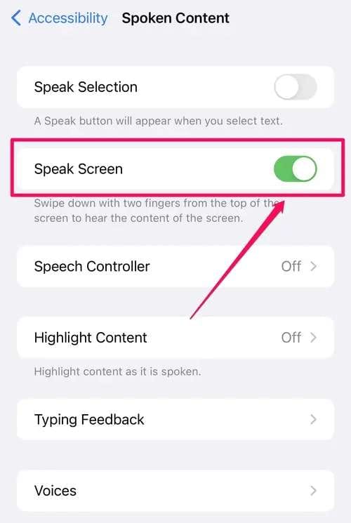 enable speak screen on an iphone