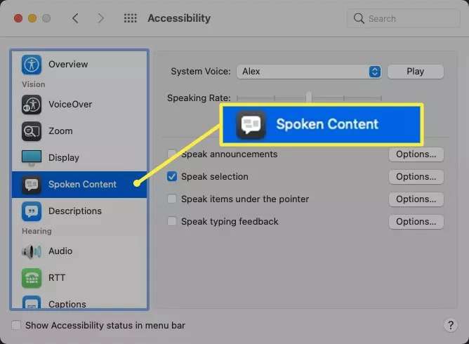 enable speak selection on a mac
