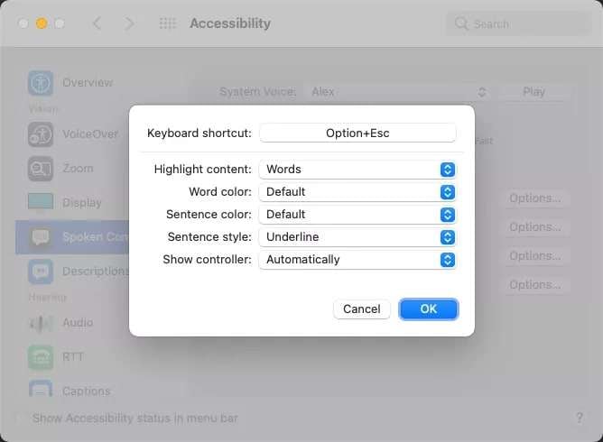 adjust speak selection settings on a mac