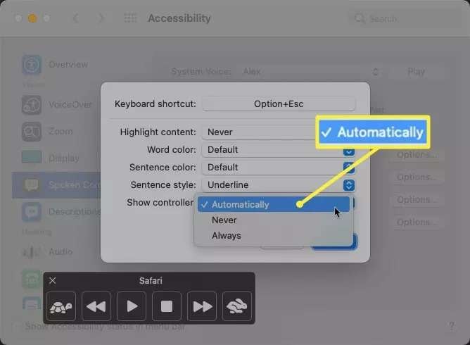 mostrar automáticamente el controlador de voz en una mac