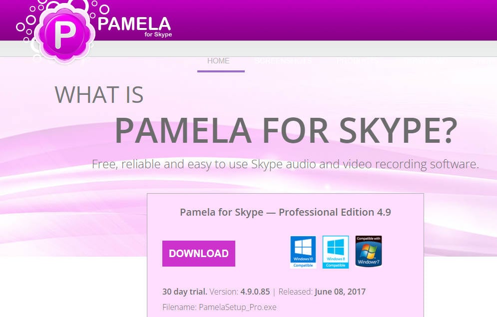 pamela for skype página de inicio