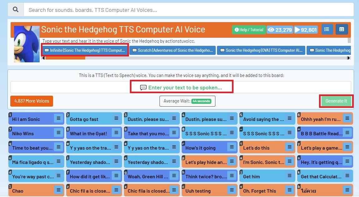 generating sonic's voice in 101soundboards 