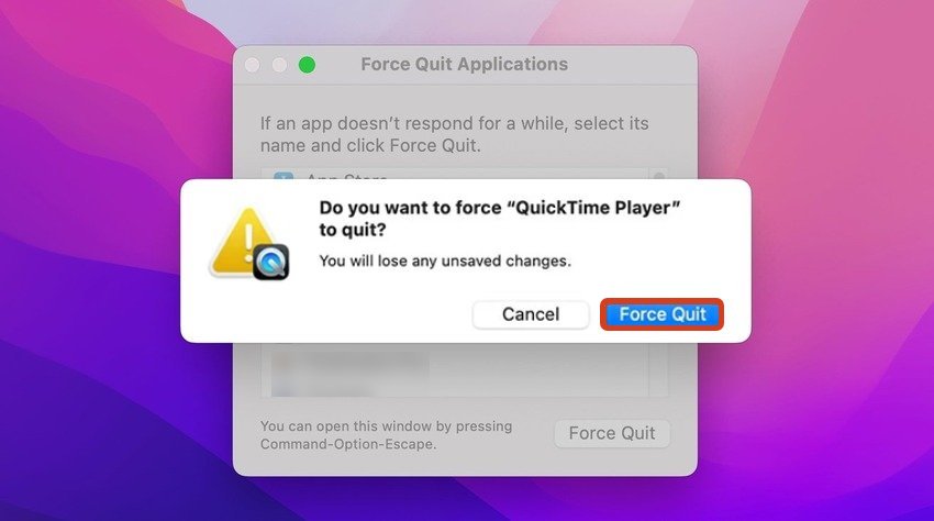 force quit quicktime to stop recording