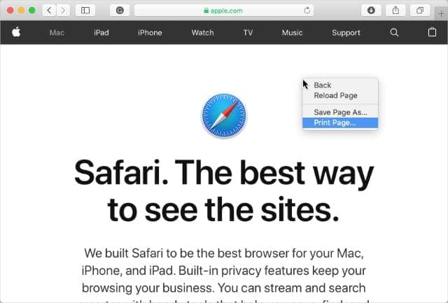 the print page option in safari