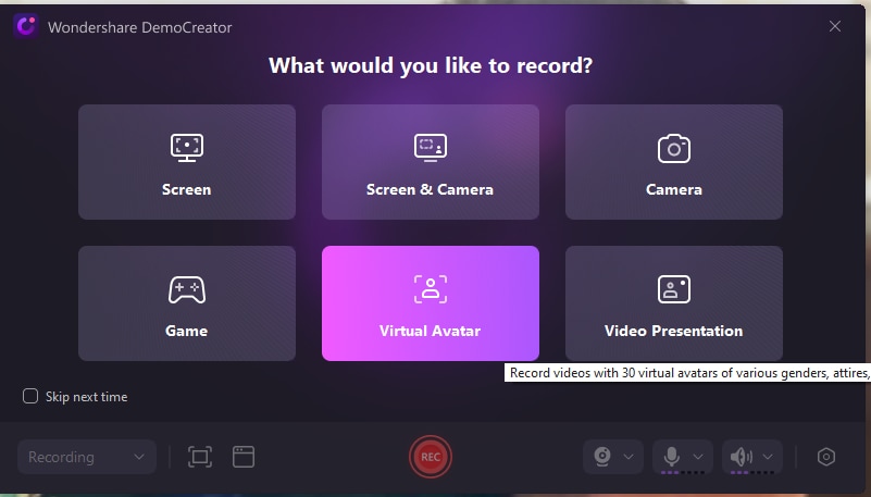 Wondershare democreator choose what to record.