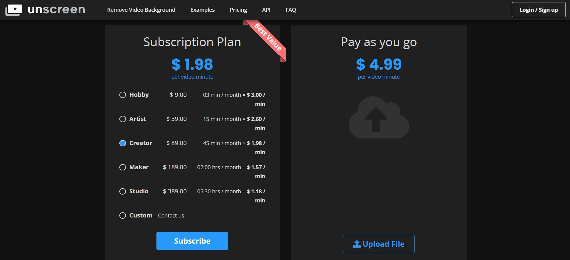 unscreen pricing plans