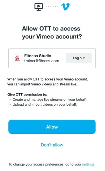 allow vimeo ott to access vimeo account