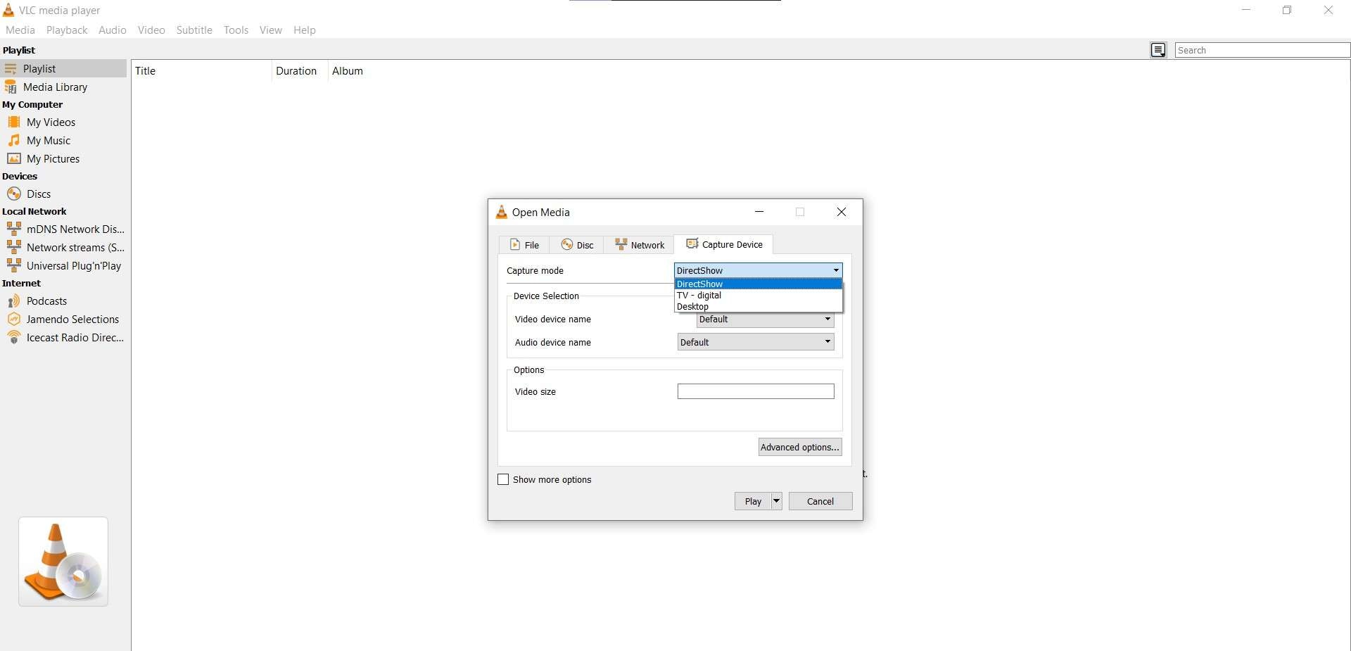 a screenshot showing vlc’s screen recording settings
