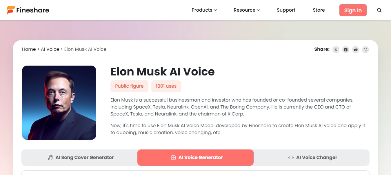 fineshare elon musk ai voice