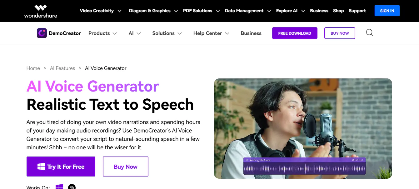 wondershare democreator's AI voice generator homepage