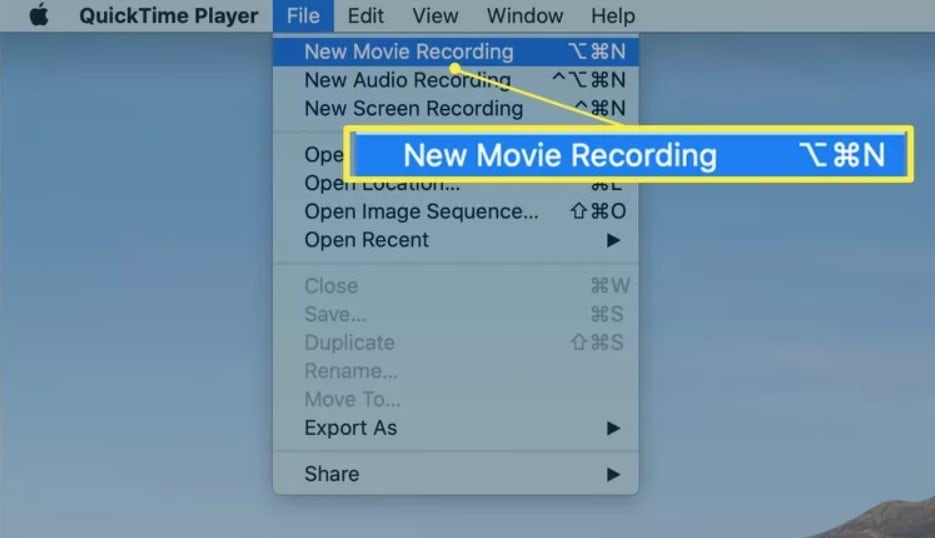 start new movie recording in quicktime player