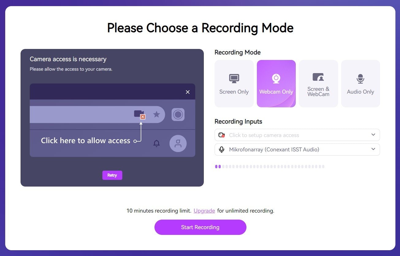 choose webcam only recording mode in demoair