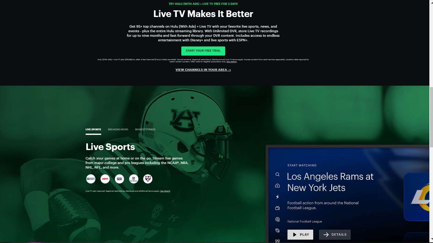 a screenshot of hulu’s homepage showing the live sports section
