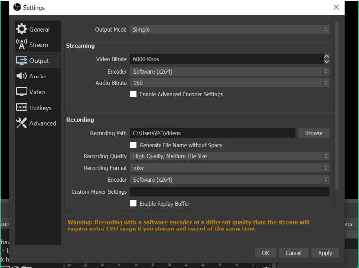 obs output screen recording setting
