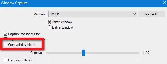 windows capture compatibility mode