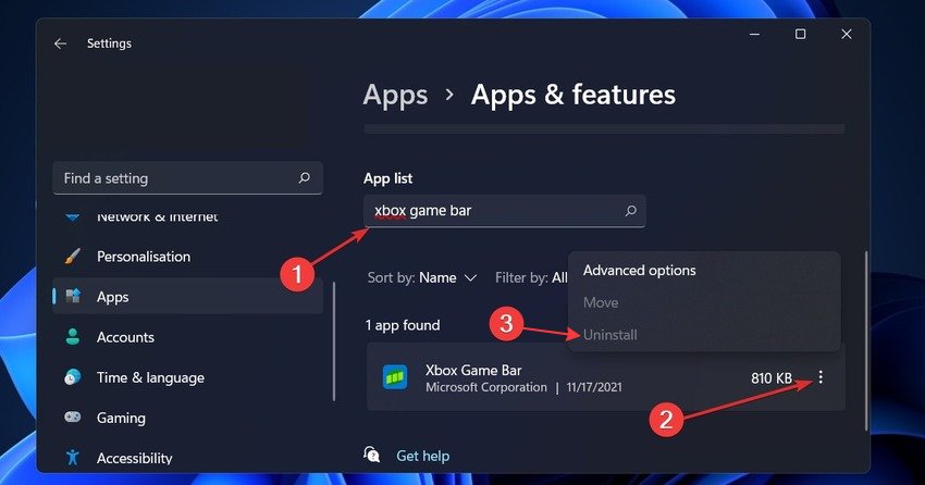uninstall xbox game bar on windows 11