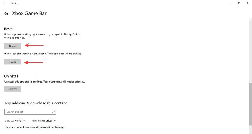 repair and reset xbox game bar