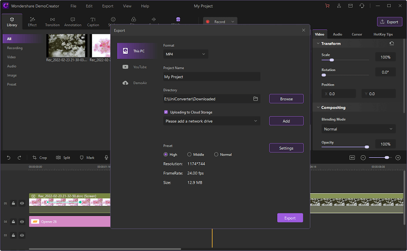 preview and export video democreator 