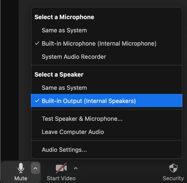 choose the sound output in zoom