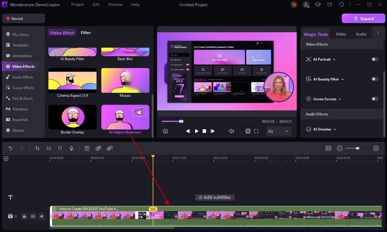 añade el efecto Eliminador de objetos de IA a los medios en DemoCreator