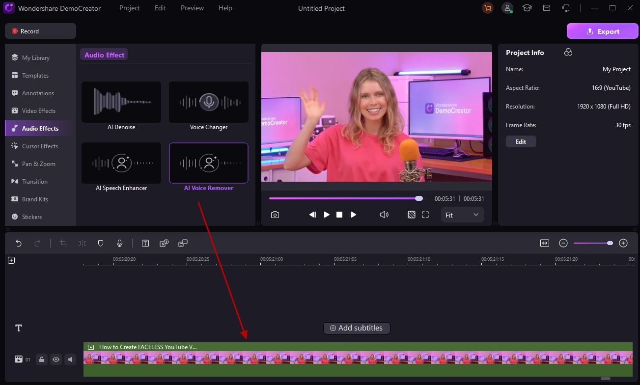 añade efectos eliminador de voces de IA a video y audio en DemoCreator 