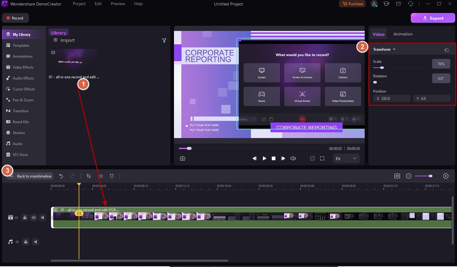 editar secuencias de video en una plantilla de diseño IA en DemoCreator