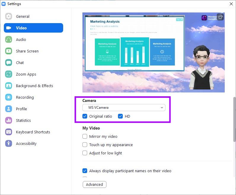 select ws camera in zoom